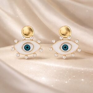 Elegant Gold and White Evil Eye Earrings